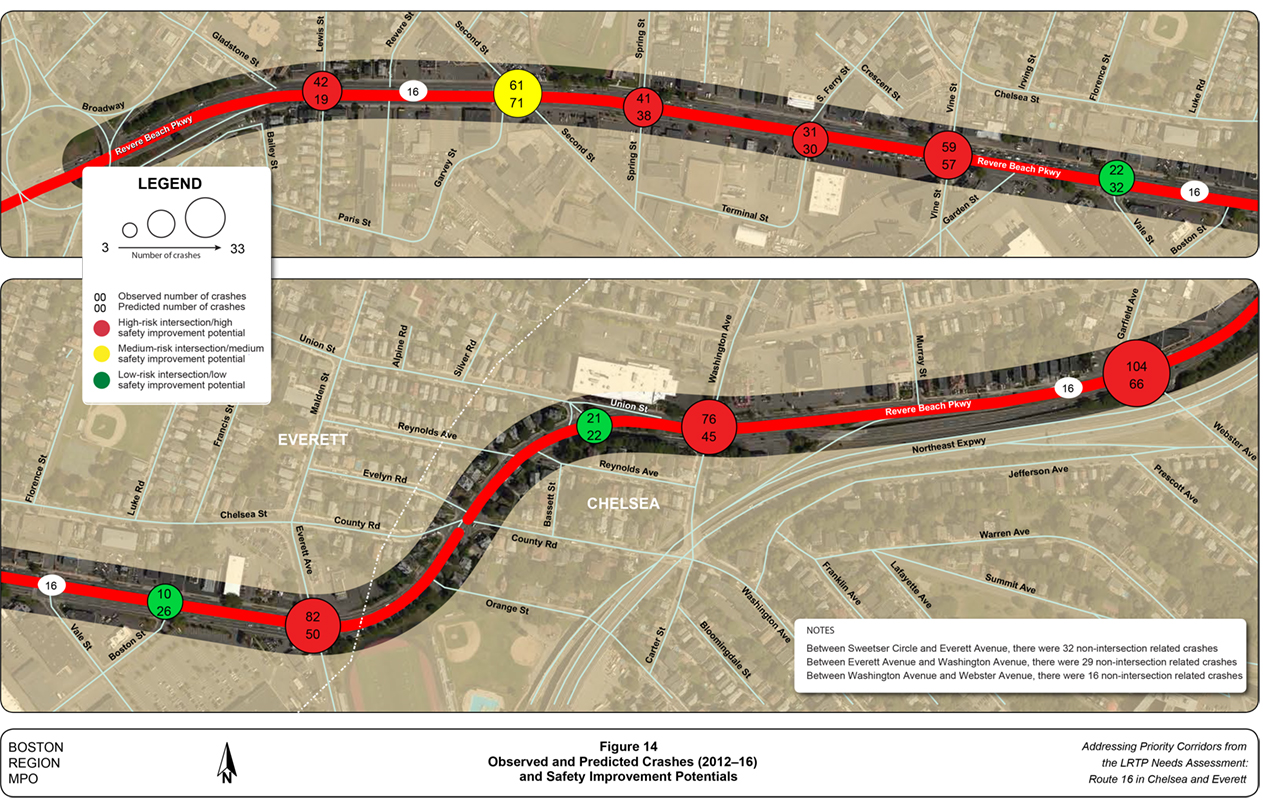 Figure 14
Observed and Predicted Crashes (2012–16) and Safety Improvement Potentials
Figure 14 is a map of the study area showing observed and expected crashes and safety improvement potentials.
